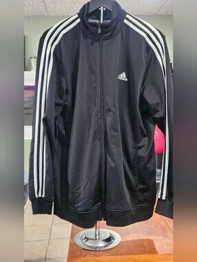 adidas Men's Large Track Jacket Black White 3-Stripes Full Zip Athletic